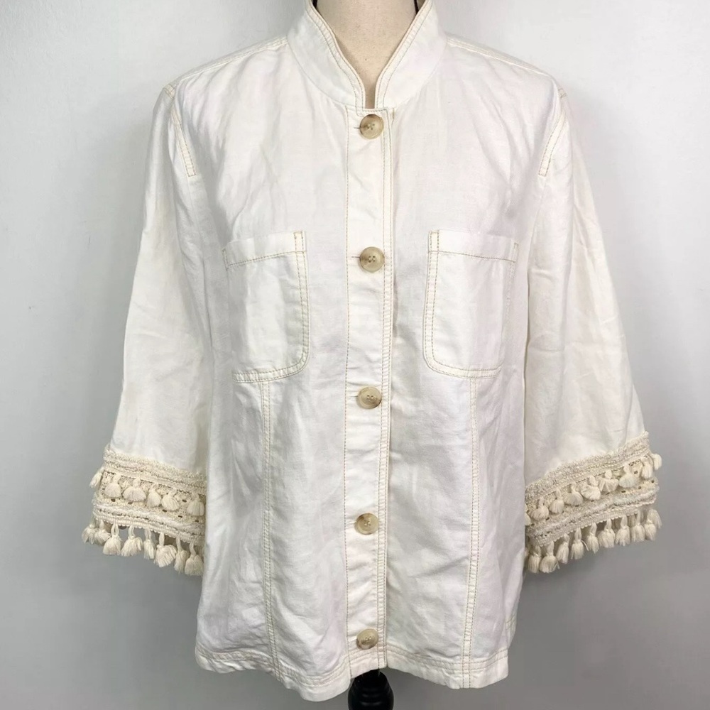 Chico's 3/4 Sleeve Linen Blend Utility Jacket Blazer Alabaster Boho Size 8